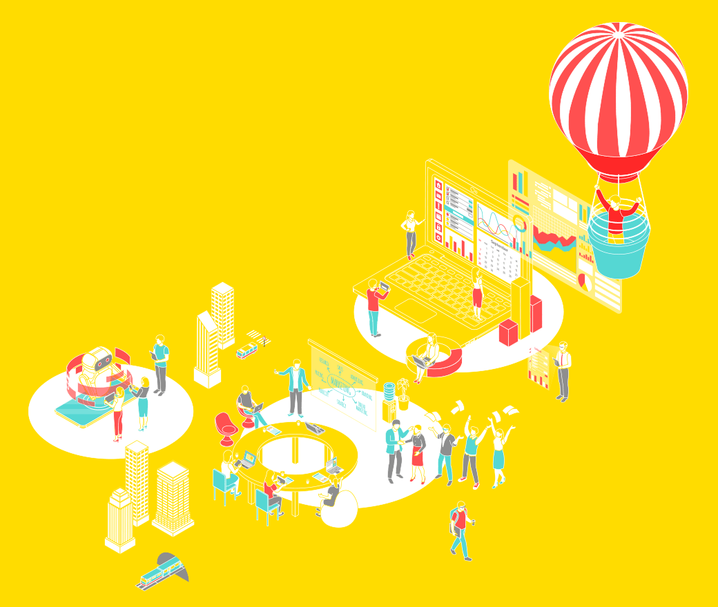 FEEMAILのイメージイラスト — オフィス・気球・ビルのアイソメトリックアニメーション